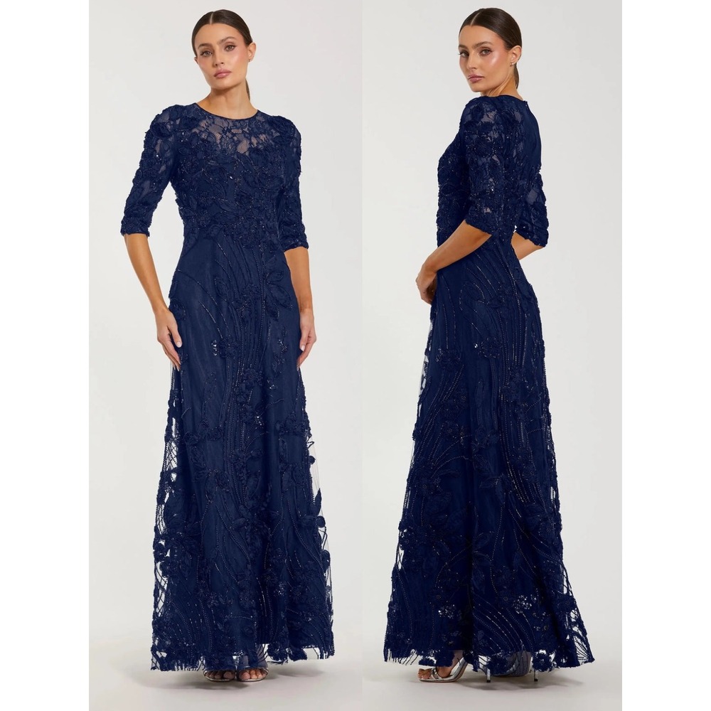 NWT Mac Duggal Navy High Neck Embellished Lace Gown With 3/4 Sleeves - Size 10